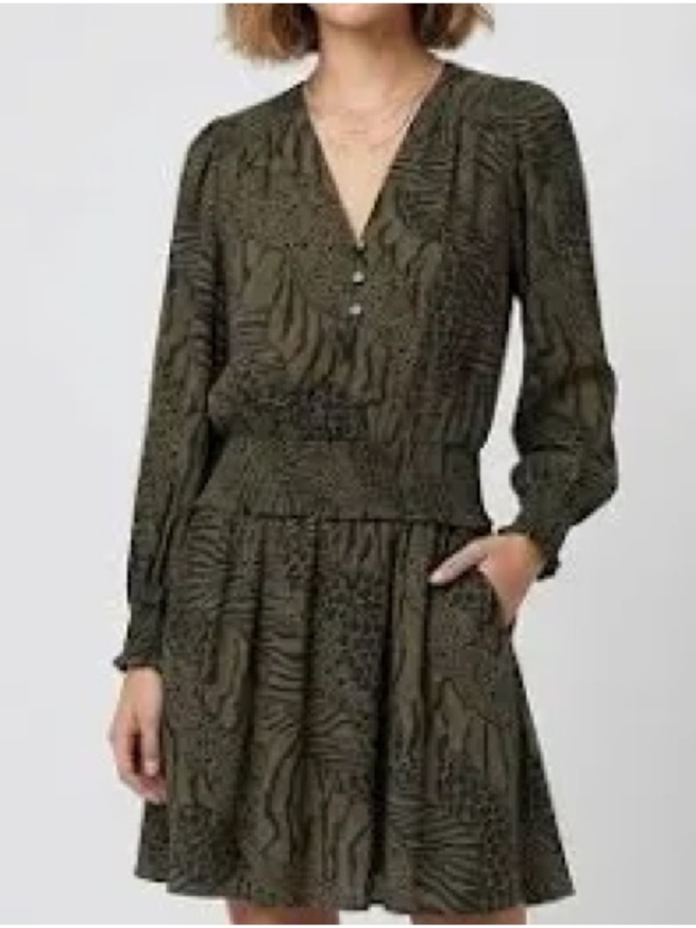 Rails Olive Green Zana Animal Print V-Neck Long Sleeve Mini Dress Women’s Medium